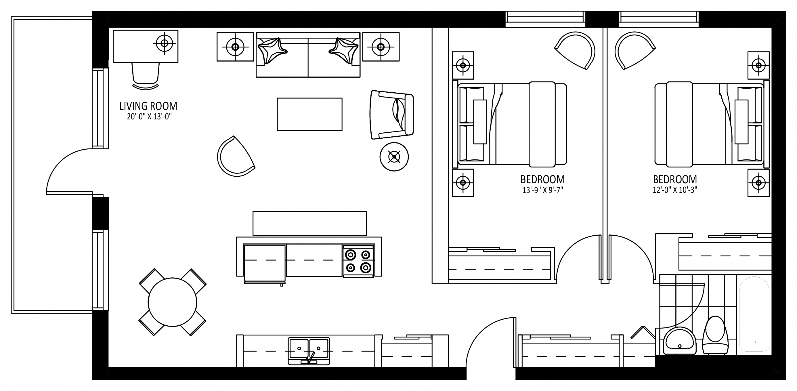 Floor plan for 2 beds, 1 bath, 965 sqft